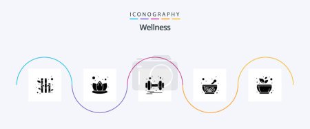 Ilustración de Wellness Glyph 5 Icon Pack Including spa. mortar. weight. grinding. herbal bowl - Imagen libre de derechos