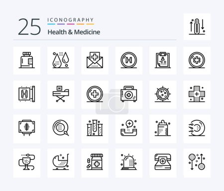 Téléchargez les illustrations : Health & Medicine 25 Line icon pack including health. care. fitness. medicine. health - en licence libre de droit