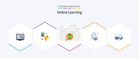 Illustration for Online Learning 25 Flat icon pack including device. test tubes. badge. lab. pass - Royalty Free Image