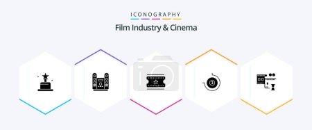 Illustration for Cenima 25 Glyph icon pack including . movie reel. film tickets. film stip. timepiece - Royalty Free Image