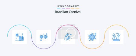 Téléchargez les illustrations : Pack de 5 icônes bleu carnaval brésilien comprenant un bonnet joker. Bouffon. fête. Un clown. tournesol - en licence libre de droit