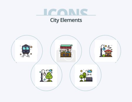 Téléchargez les illustrations : City Elements Line Filled Icon Pack 5 Icon Design. Paysage urbain. bâtiment. téléphérique. Au parc. ville - en licence libre de droit