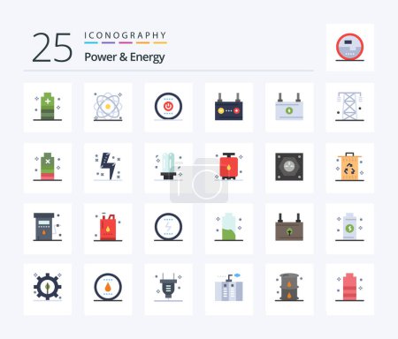 Téléchargez les illustrations : Pack d'icônes Power And Energy 25 Flat Color incluant l'électricité. batterie. nucléaire. accumulateur. énergie - en licence libre de droit