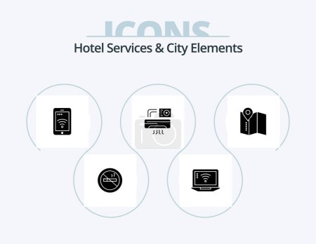 Illustration for Hotel Services And City Elements Glyph Icon Pack 5 Icon Design. map. room. mobile . ac . air - Royalty Free Image