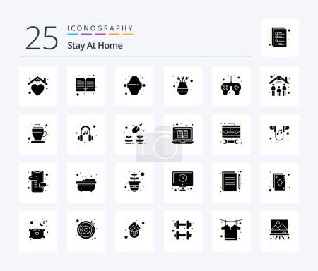 Téléchargez les illustrations : Stay At Home Pack d'icônes 25 Solid Glyph incluant pot. meubles. livre ouvert. fleur. décoration - en licence libre de droit