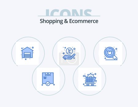 Ilustración de Compras y comercio electrónico Blue Icon Pack 5 Icon Design. De compras. Búsqueda. De compras. descuento. compras - Imagen libre de derechos