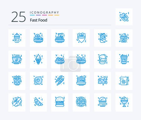 Téléchargez les illustrations : Fast Food 25 Blue Color icon pack including food. drink. food. can. meal - en licence libre de droit