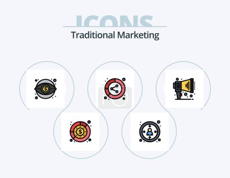 Téléchargez les illustrations : Ligne de marketing traditionnelle rempli Icône Pack 5 Icône Design. partager. données. écrivain. conversion. cas - en licence libre de droit
