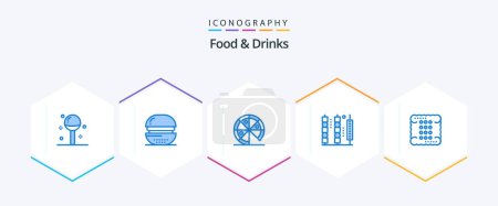 Téléchargez les illustrations : Aliments et boissons Pack icône bleu 25 y compris bâton. kebab. la nourriture. la nourriture. pizza - en licence libre de droit