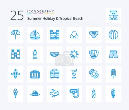 Téléchargez les illustrations : Pack d'icônes Beach 25 Blue Color avec jouet. plage. castle. Boule. vêtements - en licence libre de droit