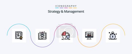 Téléchargez les illustrations : Strategy And Management Line Filled Flat 5 Icon Pack Including report. business. marketing. pie chart. statistics - en licence libre de droit