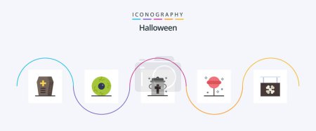 Ilustración de Halloween Flat 5 Icon Pack Incluyendo colgar. a bordo. Una botella. dulce icono. Halloween. - Imagen libre de derechos