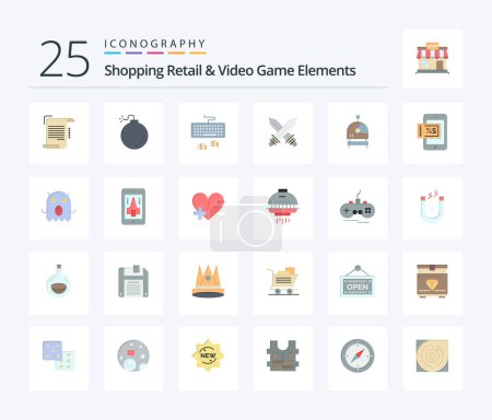 Téléchargez les illustrations : Shoping Retail And Video Game Elements 25 Flat Color icon pack including helmet. weapon. keyboard. sports. sword - en licence libre de droit