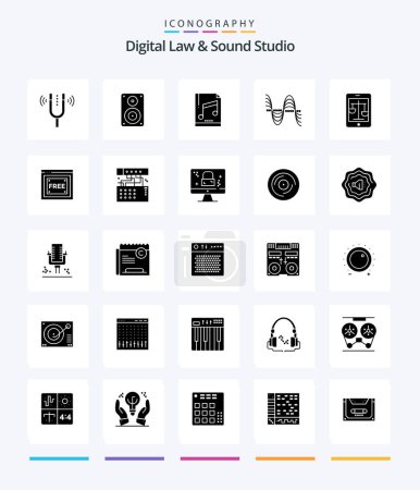 Illustration for Creative Digital Law And Sound Studio 25 Glyph Solid Black icon pack  Such As pressure. hertz. monitor. frequency. file - Royalty Free Image