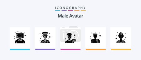 Téléchargez les illustrations : Pack d'icônes Avatar Glyphe 5 Homme incluant le travail. réparateur. caméra. serrurier. portrait. Icônes créatives Design - en licence libre de droit