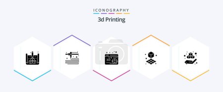 Illustration for 3d Printing 25 Glyph icon pack including hand. box. web. shape. cube - Royalty Free Image