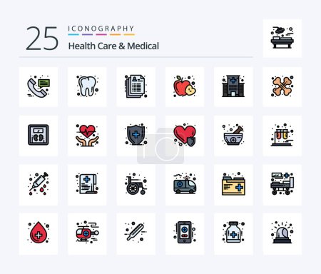 Téléchargez les illustrations : Health Care And Medical 25 Line Filled icon pack including health. building. health. health. food - en licence libre de droit