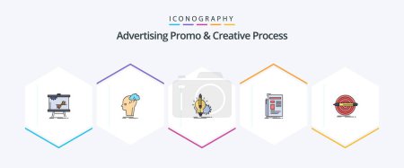 Téléchargez les illustrations : Advertising Promo And Creative Process 25 FilledLine icon pack including news. gazette. idea. lightbulb. key - en licence libre de droit