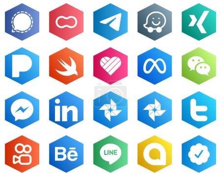 Illustration for Hexagon Flat Color White Icon Pack such as messenger. facebook. meta and swift icons. 25 Elegant Icons - Royalty Free Image