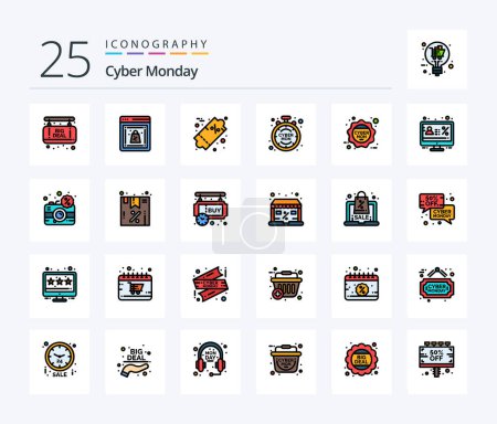 Téléchargez les illustrations : Cyber Monday 25 Line Pack d'icônes rempli incluant lundi. cyber lundi. le prix. le temps. rabais - en licence libre de droit