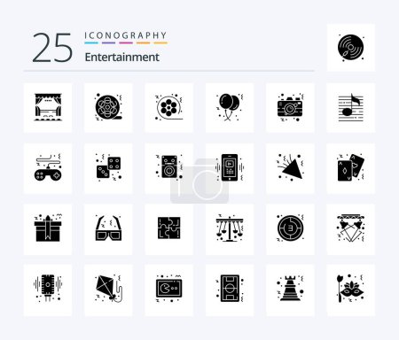 Ilustración de Entretenimiento 25 Paquete de iconos de Solid Glyph con foto. cámara. Vídeo. Cumpleaños. fiesta - Imagen libre de derechos