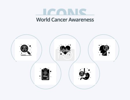 Téléchargez les illustrations : World Cancer Awareness Glyph Icon Pack 5 Icon Design. health care. heart. stomach. beat. search - en licence libre de droit