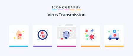 Téléchargez les illustrations : Transmission du virus Pack plat de 5 icônes Y compris urgence. vaccin. épidémie. compte-gouttes. drogue. Icônes créatives Design - en licence libre de droit