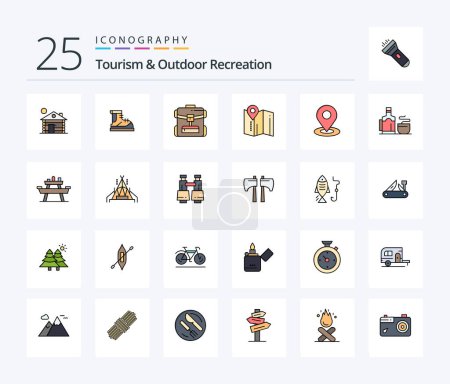Illustration for Tourism And Outdoor Recreation 25 Line Filled icon pack including tea. pin. boot. map . hotel - Royalty Free Image