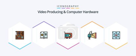 Illustration for Video Producing And Computer Hardware 25 FilledLine icon pack including music. device. instruction. blaster. computer - Royalty Free Image