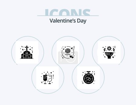 Ilustración de Valentines Day Glyph Icon Pack 5 Icon Design. bouquet. ticket. romance. passport. wedding - Imagen libre de derechos