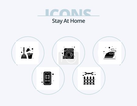 Téléchargez les illustrations : Rester à la maison Glyph Icon Pack 5 Icon Design. lessive. outils. vêtements. maison - en licence libre de droit