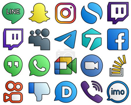 Illustration for 20 Modern icons google meet. google hangouts. telegram and facebook Filled Line Style Social Media Icon Collection - Royalty Free Image