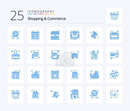 Téléchargez les illustrations : Shopping et commerce 25 Pack icône de couleur bleue, y compris en ligne. commande réservée. world wide web. ordre approuvé. magasin - en licence libre de droit