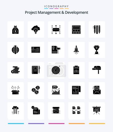 Téléchargez les illustrations : Creative Project Management And Development 25 Glyph Solid Black icon pack  Such As web. page. success. website. modern - en licence libre de droit