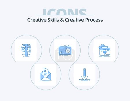 Téléchargez les illustrations : Compétences créatives et processus créatif Blue Icon Pack 5 Icon Design. capture. caméra. graphique. mesure. étriers - en licence libre de droit