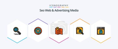 Ilustración de Seo Web And Advertising Media 25 FilledLine icon pack including page search. search. process. page. location - Imagen libre de derechos