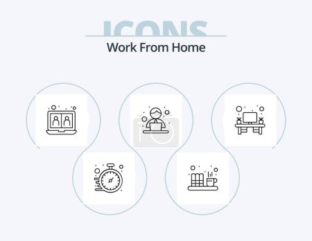 Téléchargez les illustrations : Work From Home Line Icon Pack 5 Icon Design. work. tea. pause. file. coffee - en licence libre de droit