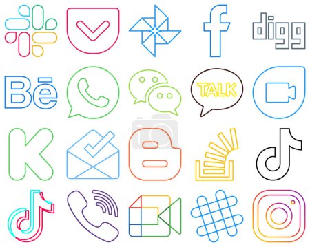Ilustración de 20 Esquema colorido simple y minimalista Iconos de redes sociales como el blog. bandeja de entrada. whatsapp. financiación y google duo Versátil y de alta calidad - Imagen libre de derechos
