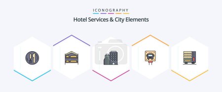 Illustration for Hotel Services And City Elements 25 FilledLine icon pack including furniture. sign. hotel. stop. city - Royalty Free Image