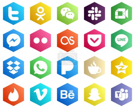 Ilustración de 25 Iconos blancos simples como dropbox. bolsillo. lastfm y flickr iconos. Fondos de color plano hexágono - Imagen libre de derechos