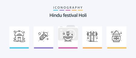 Téléchargez les illustrations : Holi Line 5 Icône Pack y compris la cabane. pot. son. Inde. étincelle. Icônes créatives Design - en licence libre de droit