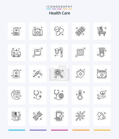 Téléchargez les illustrations : Creative Health Care 25 OutLine icon pack  Such As hospital stretcher. tablet. capsule. pill. capsule - en licence libre de droit