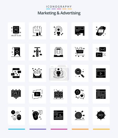 Téléchargez les illustrations : Creative Marketing And Advertising 25 Glyph Solid Black icon pack  Such As hands. frame. person. paper. marketing - en licence libre de droit