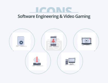 Ilustración de Software Engineering And Video Gaming Flat Icon Pack 5 Icon Design. start. game. pc. script. file - Imagen libre de derechos