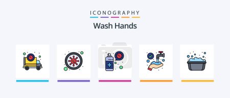Téléchargez les illustrations : Wash Hands Line Filled 5 Icon Pack Including building. tissue. virus. roll. sanitizer. Creative Icons Design - en licence libre de droit