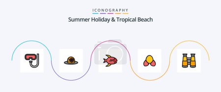 Ilustración de Línea de playa Llena plana 5 Icon Pack Incluyendo reloj. prismáticos. costa. ropa. bikini - Imagen libre de derechos
