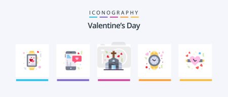 Ilustración de Día de San Valentín Piso 5 Icon Pack Incluyendo reloj. Amor. texto. Como. Boda. Diseño de iconos creativos - Imagen libre de derechos