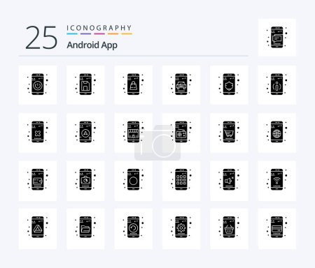 Téléchargez les illustrations : Android App 25 Solid Glyph icon pack including data. service. up. online. online app - en licence libre de droit