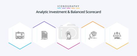 Ilustración de Analytic Investment And Balanced Scorecard 25 Line icon pack including magnifier. global. invoice. start. hand - Imagen libre de derechos