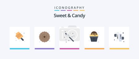 Ilustración de Dulce y caramelo plana 5 paquete de iconos incluyendo dulces. Dulces. acampar. magdalena. El postre. Diseño de iconos creativos - Imagen libre de derechos